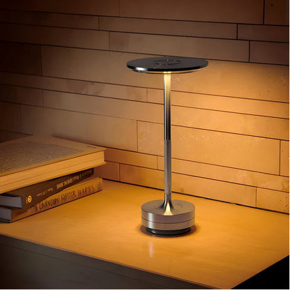 Lumpinio — Ładowalna lampa stołowa LED z okrągłą głowicą świetlną i metalową podstawą